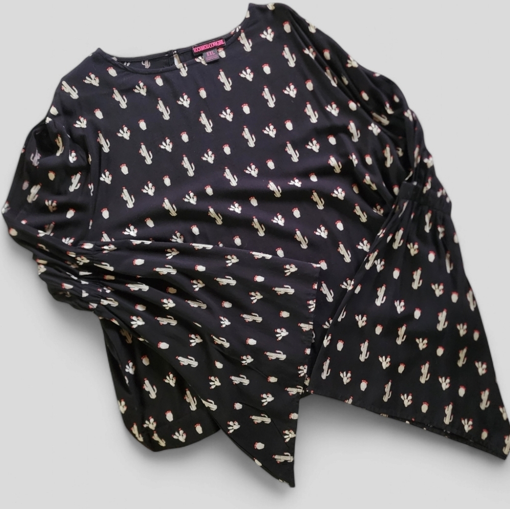 Rock & Roll Cowboy Cactus Print Cold shoulder, Bell Sleeve Top